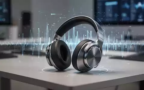 Premium-Kopfhörer auf einem minimalistischen Schreibtisch mit angedeuteter digitaler Equalizer-Visualisierung. - Foto: über boerse-global.de