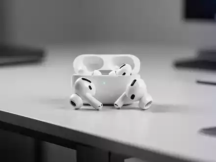 Weißes Apple AirPods Pro 2. Generation Nahaufnahme auf minimalistischem Schreibtisch. - Foto: über boerse-global.de
