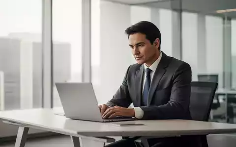 Eine Person sitzt konzentriert an einem modernen Schreibtisch und arbeitet an einem Laptop in einem hellen Büro. - Foto: über boerse-global.de