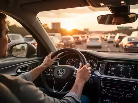 Ein Autofahrer blickt ruhig auf eine stauende Autobahn bei Sonnenuntergang. - Foto: über boerse-global.de