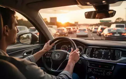 Ein Autofahrer blickt ruhig auf eine stauende Autobahn bei Sonnenuntergang. - Foto: über boerse-global.de