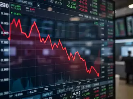 Ein fallender Aktienkurs-Graph auf einem digitalen Finanzmonitor in einer Börsenumgebung. - Foto: über boerse-global.de