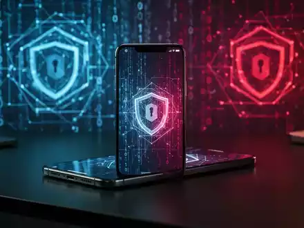 Ein modernes Smartphone auf einem dunklen Schreibtisch vor einem verschwommenen digitalen Hintergrund mit Sicherheitssymbolen. - Foto: über boerse-global.de