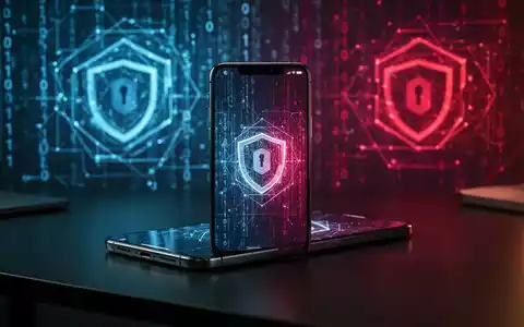 Ein modernes Smartphone auf einem dunklen Schreibtisch vor einem verschwommenen digitalen Hintergrund mit Sicherheitssymbolen. - Foto: über boerse-global.de