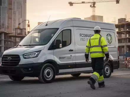 Ein Handwerker in Warnkleidung geht morgens zu einem Firmenwagen auf einer Baustelle. - Foto: über boerse-global.de