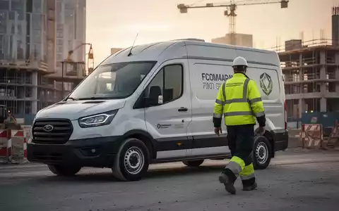 Ein Handwerker in Warnkleidung geht morgens zu einem Firmenwagen auf einer Baustelle. - Foto: über boerse-global.de