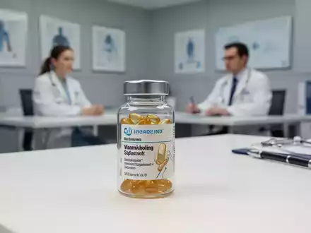 Eine Nahaufnahme von Vitamin-D-Kapseln in einem Glasfläschchen auf einem medizinischen Schreibtisch. - Foto: über boerse-global.de