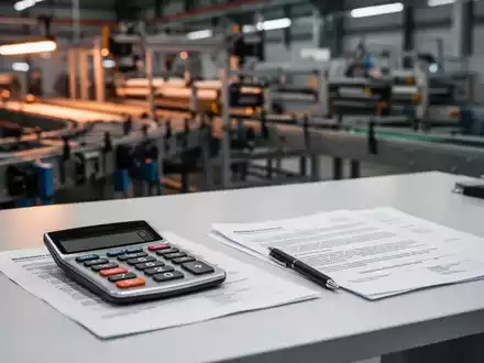 Ein Schreibtisch mit Taschenrechner und Unterlagen vor einer verschwommenen Industriehalle als Symbol für Unternehmensinsolvenzen. - Foto: über boerse-global.de