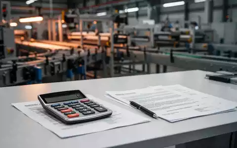 Ein Schreibtisch mit Taschenrechner und Unterlagen vor einer verschwommenen Industriehalle als Symbol für Unternehmensinsolvenzen. - Foto: über boerse-global.de