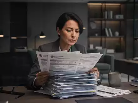 Eine Person sitzt an einem Schreibtisch und betrachtet nachdenklich einen Stapel bürokratischer Unterlagen. - Foto: über boerse-global.de
