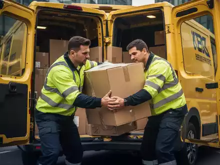 Ein Paketbote hebt ein schweres Paket aus einem Lieferwagen, um die körperliche Belastung bei der Zustellung zu verdeutlichen. - Foto: über boerse-global.de