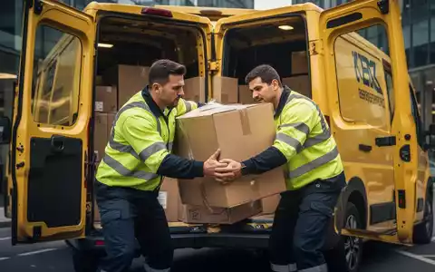 Ein Paketbote hebt ein schweres Paket aus einem Lieferwagen, um die körperliche Belastung bei der Zustellung zu verdeutlichen. - Foto: über boerse-global.de