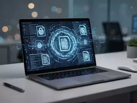 Moderner Laptop-Bildschirm mit digitalen Verschlüsselungsmustern und sicheren Dokumentsymbolen in einem professionellen Büro. - Foto: über boerse-global.de