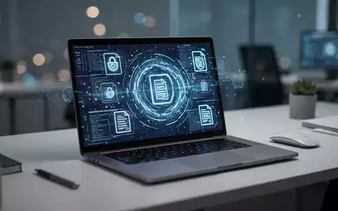 Moderner Laptop-Bildschirm mit digitalen Verschlüsselungsmustern und sicheren Dokumentsymbolen in einem professionellen Büro. - Foto: über boerse-global.de