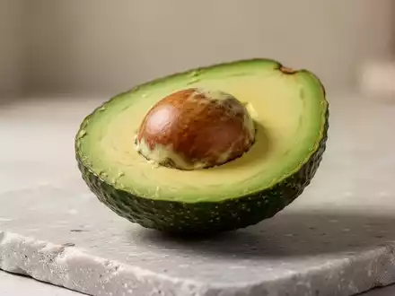 Eine aufgeschnittene, frische Avocado auf einer minimalistischen Steinoberfläche bei weichem, natürlichem Licht. - Foto: über boerse-global.de