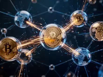 Abstrakte Visualisierung globaler Finanztransaktionen und digitaler Token, die sich über vernetzte Blockchain-Knoten bewegen. - Foto: über boerse-global.de