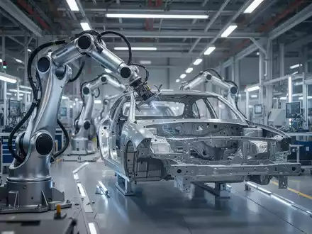 Hochmoderner Roboterarm in einer automatisierten Automobilfertigung mit präziser Lichtsetzung. - Foto: über boerse-global.de