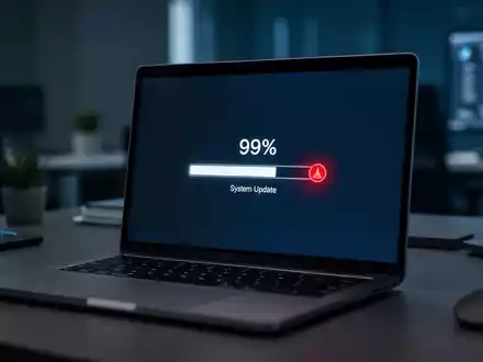 Ein Laptop-Bildschirm zeigt einen hängengebliebenen Windows-Update-Fortschrittsbalken mit einem Fehlersymbol. - Foto: über boerse-global.de