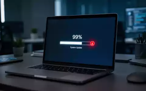 Ein Laptop-Bildschirm zeigt einen hängengebliebenen Windows-Update-Fortschrittsbalken mit einem Fehlersymbol. - Foto: über boerse-global.de