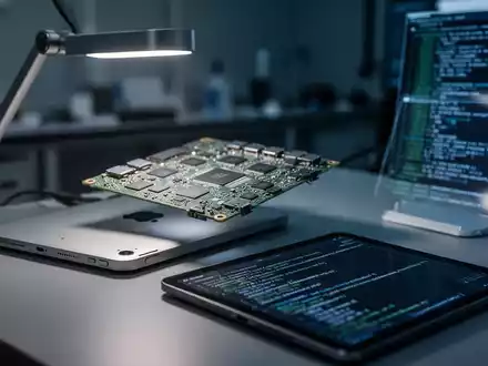 Ein verschwommenes Apple-Gerät und eine Leiterplatte in einem professionellen Cybersicherheits-Labor. - Foto: über boerse-global.de