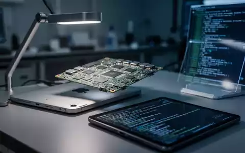 Ein verschwommenes Apple-Gerät und eine Leiterplatte in einem professionellen Cybersicherheits-Labor. - Foto: über boerse-global.de