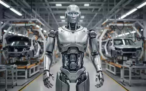 Ein hochentwickelter humanoider Roboter in einer modernen, hochtechnologischen Automobilmontagehalle. - Foto: über boerse-global.de