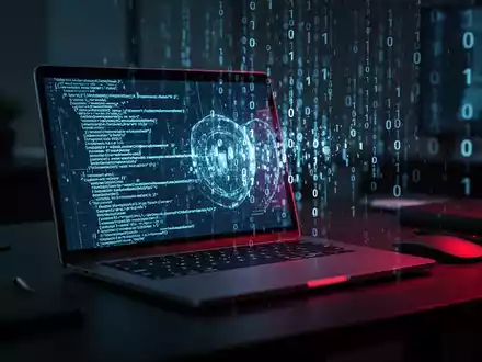 Ein Laptop-Bildschirm mit abstraktem Digitalcode und Cyber-Sicherheits-Grafiken in einer dunklen Büroumgebung. - Foto: über boerse-global.de