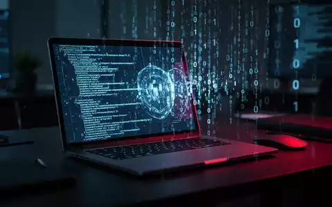 Ein Laptop-Bildschirm mit abstraktem Digitalcode und Cyber-Sicherheits-Grafiken in einer dunklen Büroumgebung. - Foto: über boerse-global.de