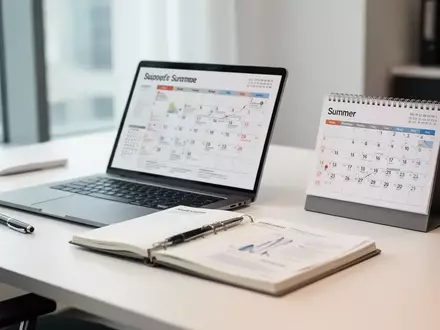 Schreibtisch mit Laptop und Kalender als Symbol für die rechtlichen Rahmenbedingungen bei Ferienjobs. - Foto: über boerse-global.de