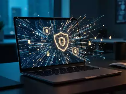 Ein moderner Laptop-Bildschirm zeigt abstrakte Datenströme und Netzwerkknoten zur Cybersicherheit in einem Büro. - Foto: über boerse-global.de