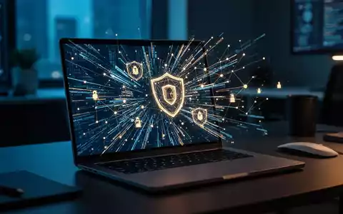 Ein moderner Laptop-Bildschirm zeigt abstrakte Datenströme und Netzwerkknoten zur Cybersicherheit in einem Büro. - Foto: über boerse-global.de
