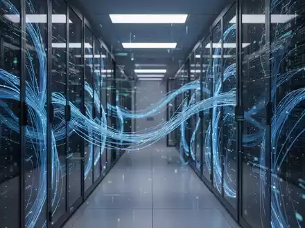 Abstraktes digitales Server-Rechenzentrum mit blauen Lichtstrahlen als Symbol für KI-Sicherheit und Cybersicherheit. - Foto: über boerse-global.de