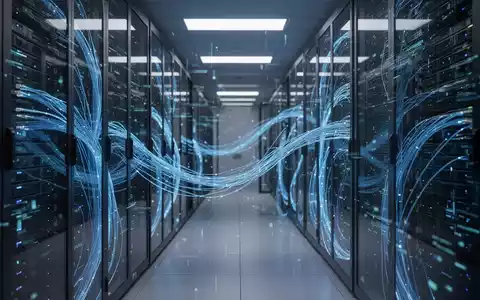 Abstraktes digitales Server-Rechenzentrum mit blauen Lichtstrahlen als Symbol für KI-Sicherheit und Cybersicherheit. - Foto: über boerse-global.de