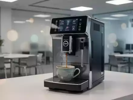 Ein moderner Kaffeevollautomat in einer sauberen Büroumgebung, der frischen Kaffee in eine Tasse füllt. - Foto: über boerse-global.de