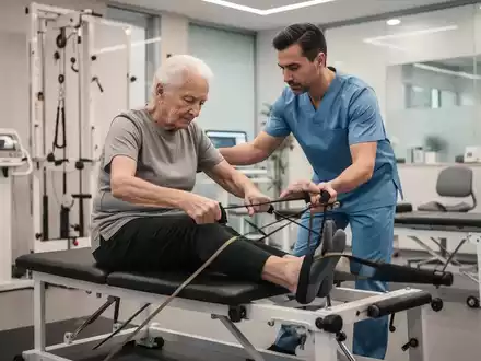 Ein Physiotherapeut begleitet einen Patienten bei gezielten Kraftübungen in einer modernen Praxis. - Foto: über boerse-global.de