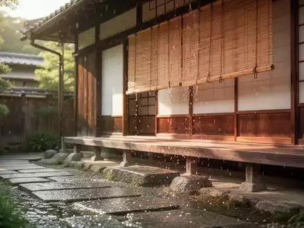Traditionelle japanische Veranda mit einem Bambus-Sonnenschutz und einem mit Wasser befeuchteten Steinweg an einem Sommertag. - Foto: über boerse-global.de