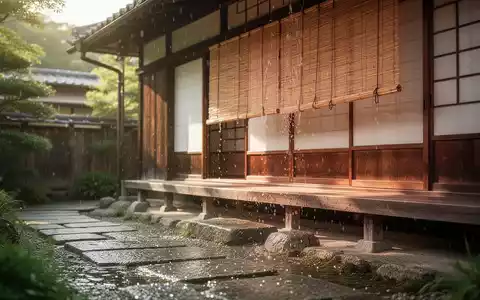 Traditionelle japanische Veranda mit einem Bambus-Sonnenschutz und einem mit Wasser befeuchteten Steinweg an einem Sommertag. - Foto: über boerse-global.de