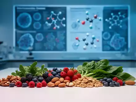 Frische Lebensmittel wie Beeren und Nüsse auf einem medizinischen Labortisch als Symbol für antientzündliche Ernährung. - Foto: über boerse-global.de