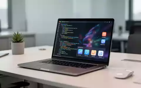 Moderner Büroarbeitsplatz mit Laptop, der Software-Oberflächen zeigt, für Technologie-Updates und Produktivität. - Foto: über boerse-global.de