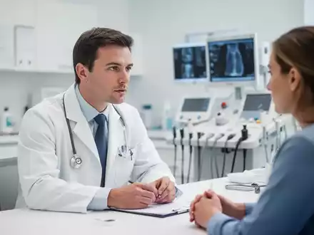 Ein Arzt im Gespräch mit einem Patienten in einer modernen medizinischen Praxis zur Krebsvorsorge. - Foto: über boerse-global.de