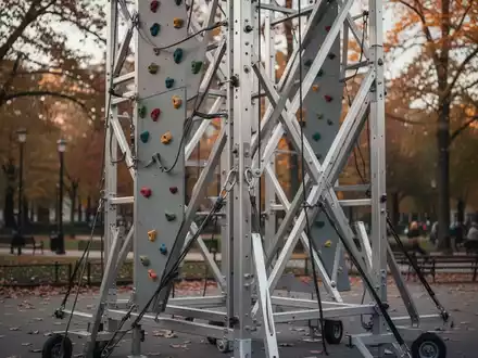 Eine mobile Kletterwand auf einem öffentlichen Platz als Symbol für Sicherheitsfragen bei Sportgeräten. - Foto: über boerse-global.de