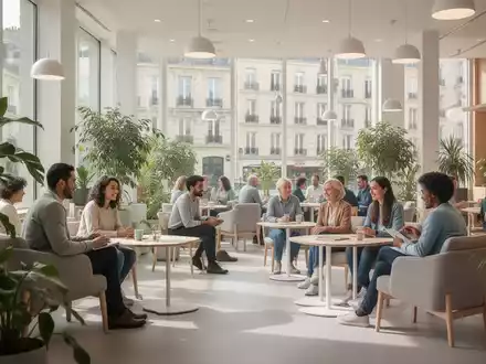 Ein heller, moderner Gemeinschaftsraum mit Menschen in einer entspannten Umgebung, der psychische Gesundheit und soziale Teilhabe symbolisiert. - Foto: über boerse-global.de
