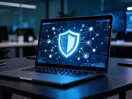 Moderner Laptop auf einem Schreibtisch mit abstrakten digitalen Sicherheitsgrafiken, die Cybersicherheitsrisiken im Geschäftsumfeld darstellen. - Foto: über boerse-global.de