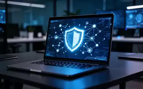 Moderner Laptop auf einem Schreibtisch mit abstrakten digitalen Sicherheitsgrafiken, die Cybersicherheitsrisiken im Geschäftsumfeld darstellen. - Foto: über boerse-global.de