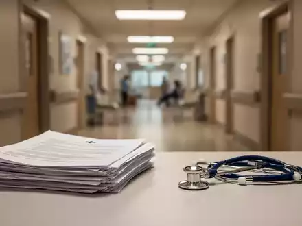 Ein Stethoskop und Dokumente auf einem Schreibtisch in einem modernen Krankenhausflur als Symbol für die Gesundheitspolitik. - Foto: über boerse-global.de