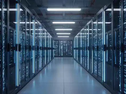 Reihen von hochmodernen Server-Racks in einem Rechenzentrum mit blauer Beleuchtung. - Foto: über boerse-global.de