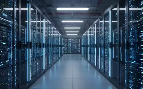 Reihen von hochmodernen Server-Racks in einem Rechenzentrum mit blauer Beleuchtung. - Foto: über boerse-global.de