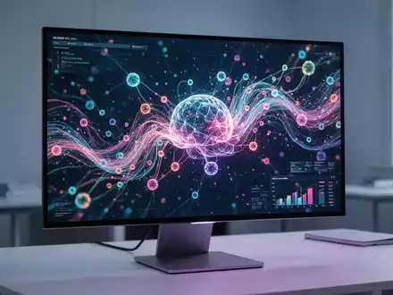 Digitale abstrakte Visualisierung neuronaler Netze und Datenströme auf einem professionellen Computerbildschirm. - Foto: über boerse-global.de