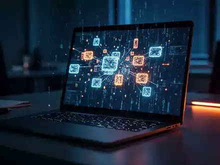 Abstraktes Bild eines Laptops mit leuchtenden digitalen Datenströmen als Symbol für Cyberkriminalität und CEO-Betrug. - Foto: über boerse-global.de