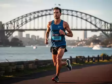 Ein konzentrierter Marathonläufer trainiert auf einer Küstenstrecke in Sydney mit der Harbour Bridge im Hintergrund. - Foto: über boerse-global.de